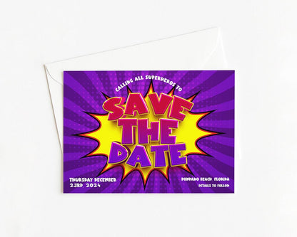 The image is a colorful invitation card with a pop art design, featuring the text "SAVE THE DATE" in large, bold letters. The card is set against a purple background with a yellow explosion-like design. The event is scheduled for Thursday, December 23rd, 2023, at the Pompano Beach, Florida location.