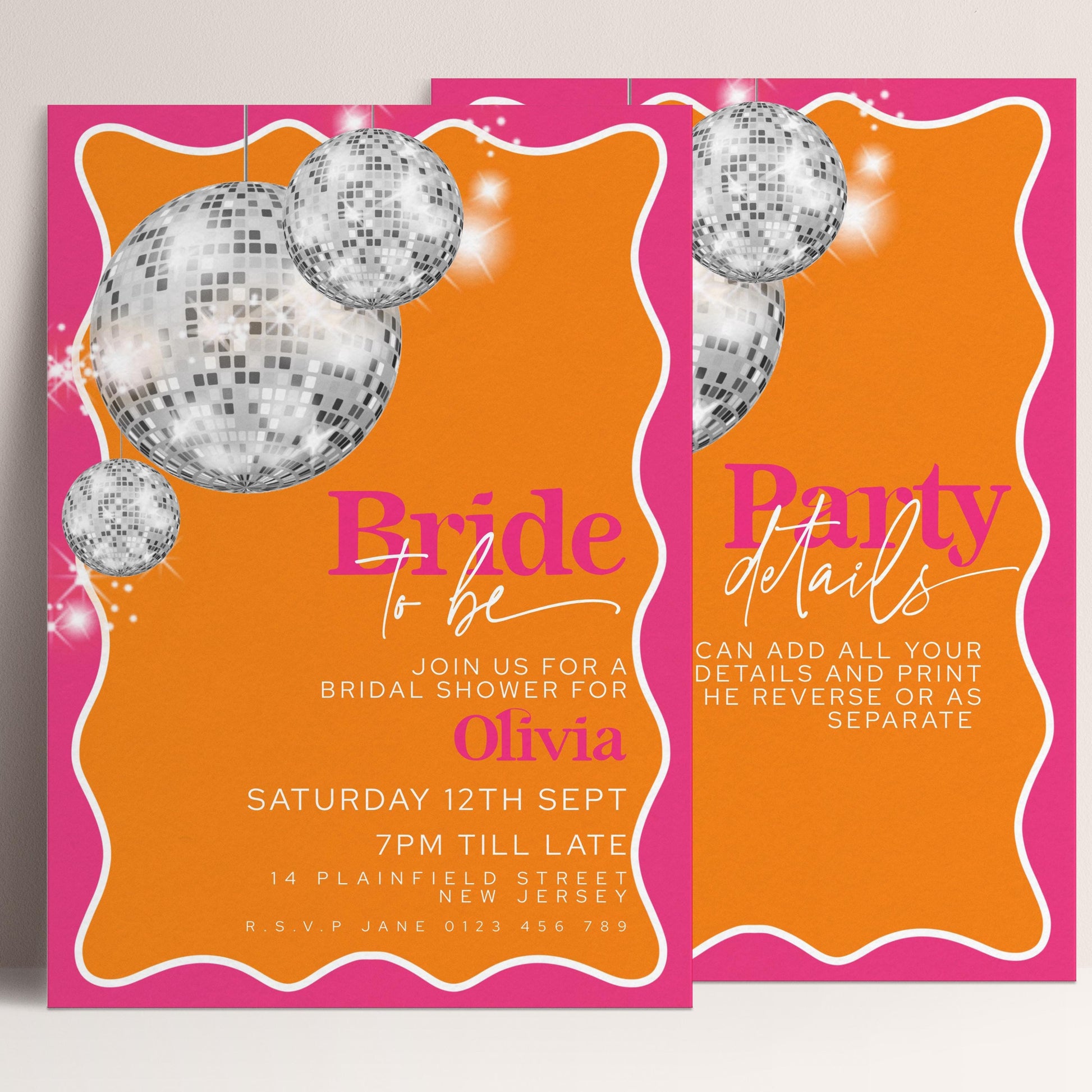 The image is a pink and orange invitation for a bridal shower for a bride named Olivia.