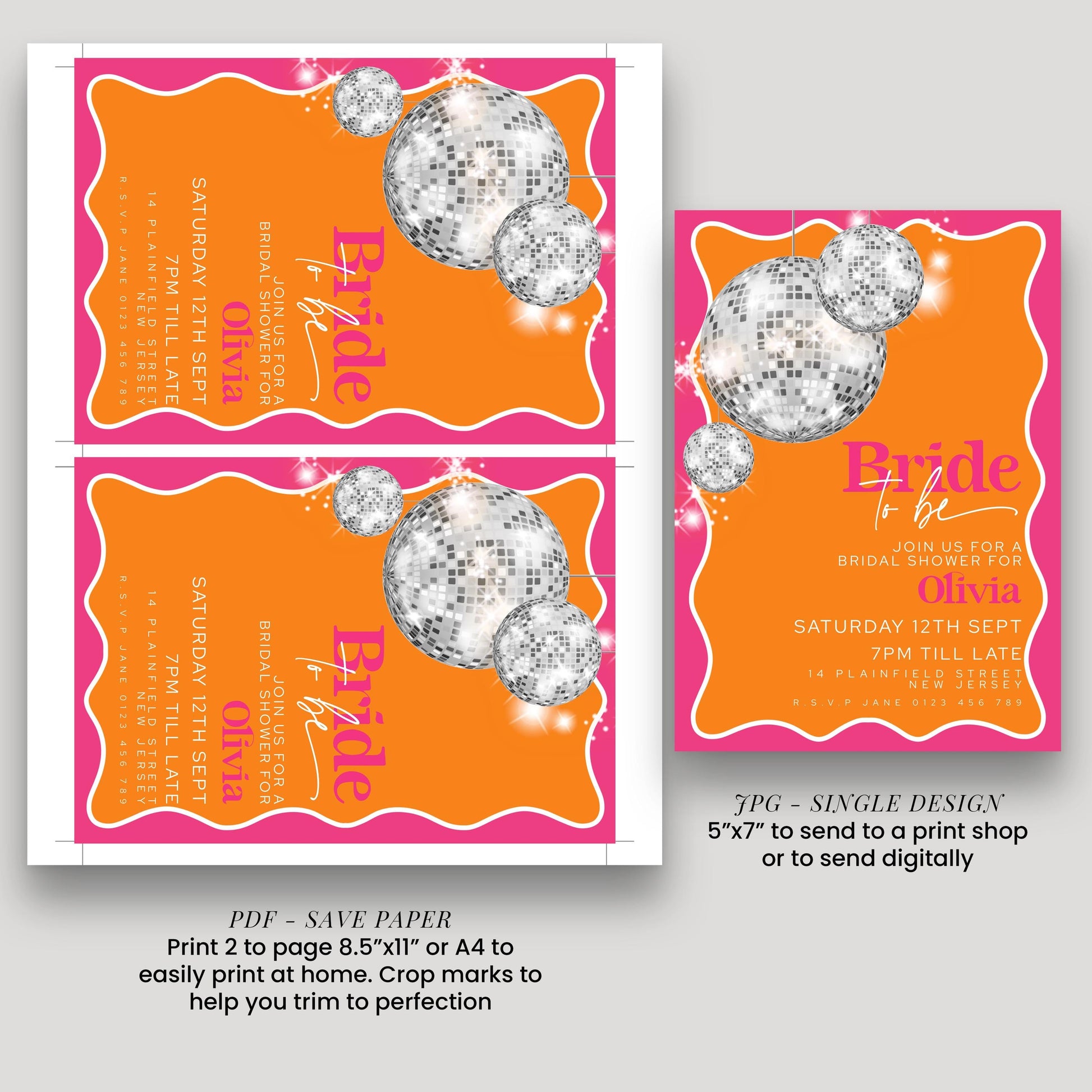a collage of three different designs for a "Bridal Shower for Olivia" invitation. The designs feature a vibrant orange background with silver disco balls and text inviting guests to "Join us for a Bridal Shower for Olivia". The designs include a single page design and a larger print design, both of which are described as "Save Paper" and "Print 2 to page 8.5"x11" or A4 to easily print at home.
