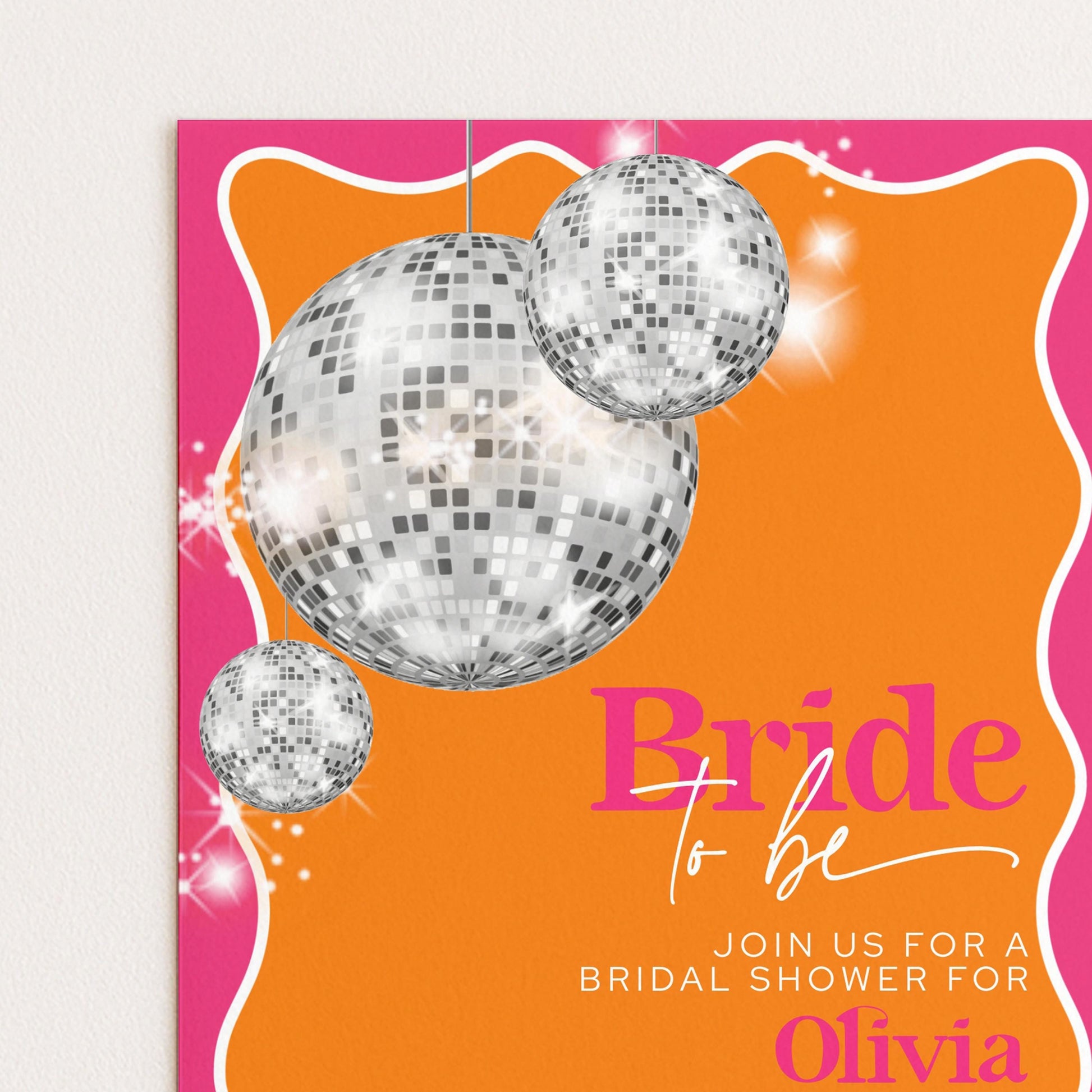 The image is a vibrant invitation card for a bridal shower, featuring a disco ball and the text "Bridal to be" in a playful and festive style.