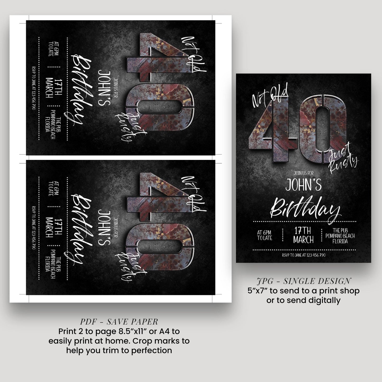 a birthday party invitation for John's 40th birthday. The invitation features the number 40 prominently and includes details about the party, such as the date, time, location, and RSVP instructions.