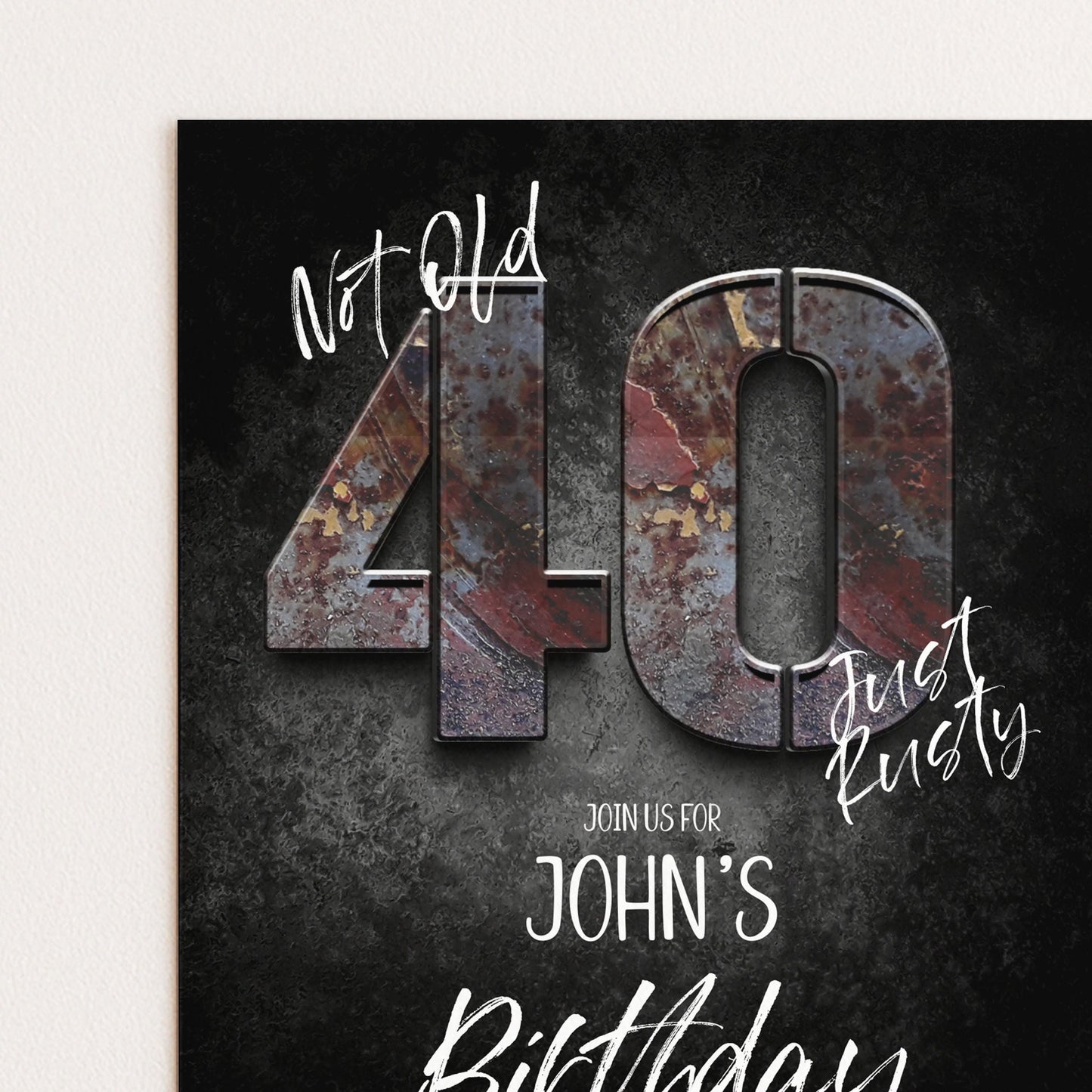 The image is a birthday invitation for John's 40th birthday.