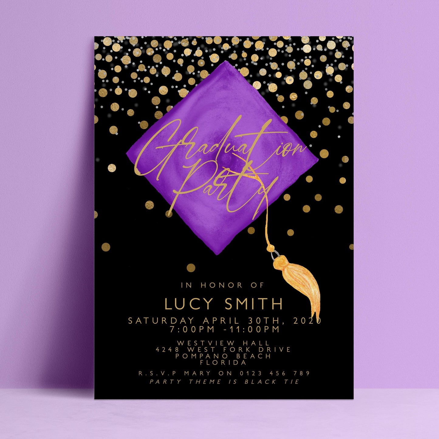 The image is a graduation party invitation featuring a purple graduation cap with gold confetti and a tassel, set against a purple background with gold dots.