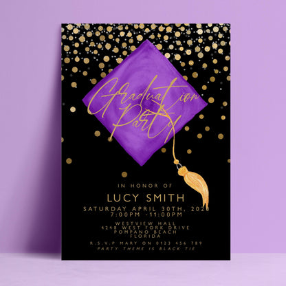 The image is a graduation party invitation featuring a purple graduation cap with gold confetti and a tassel, set against a purple background with gold dots.