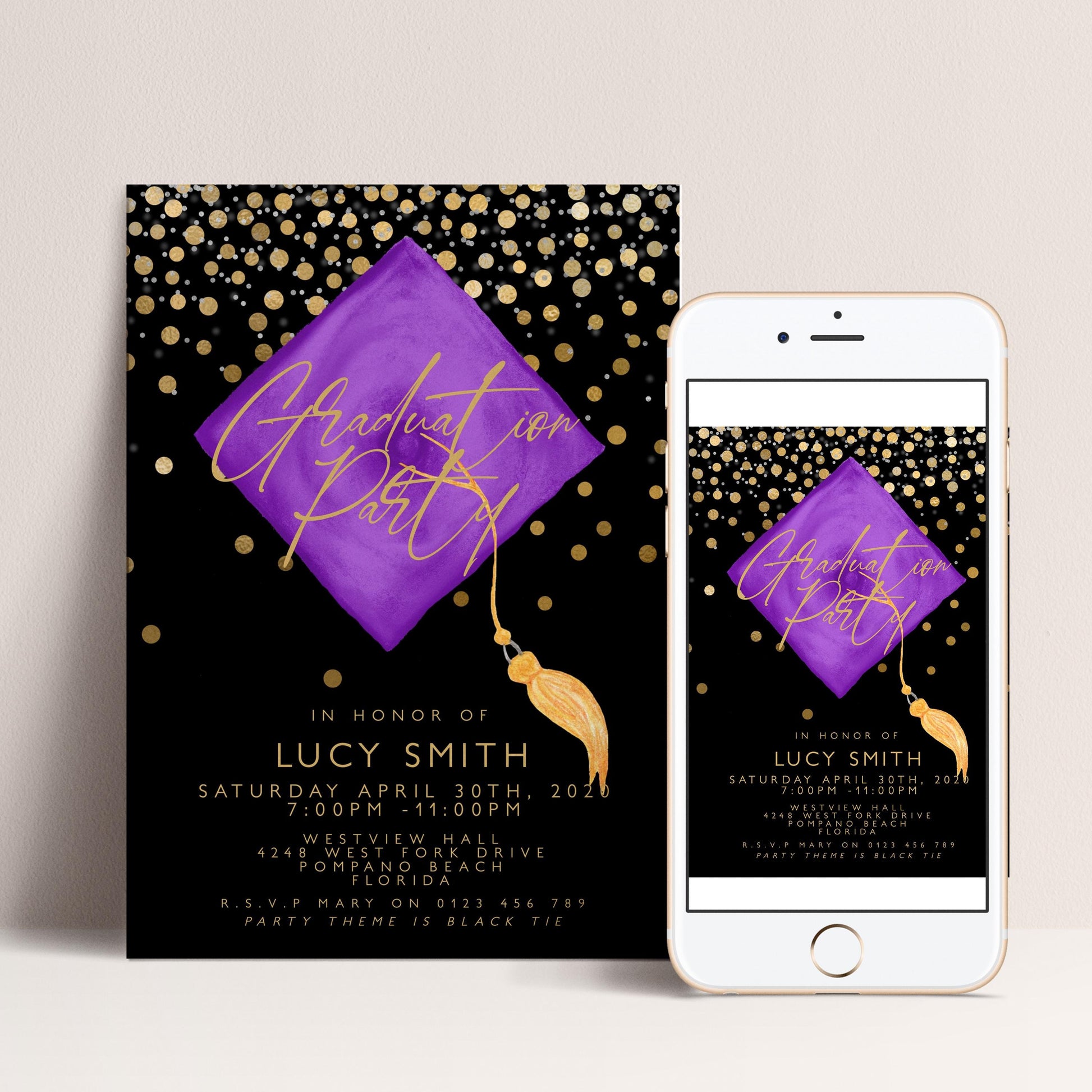 The image is a graduation party invitation featuring a purple diamond shape with gold confetti and a tassel hanging from it. The invitation is for a graduation party in honor of Lucy Smith, which is scheduled for Saturday, April 30th, 2021, from 7:30 PM to 8:30 PM at Westview Hall, located at 4200 Westview Drive, Palmolive Beach, CA.