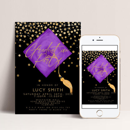The image is a graduation party invitation featuring a purple diamond shape with gold confetti and a tassel hanging from it. The invitation is for a graduation party in honor of Lucy Smith, which is scheduled for Saturday, April 30th, 2021, from 7:30 PM to 8:30 PM at Westview Hall, located at 4200 Westview Drive, Palmolive Beach, CA.