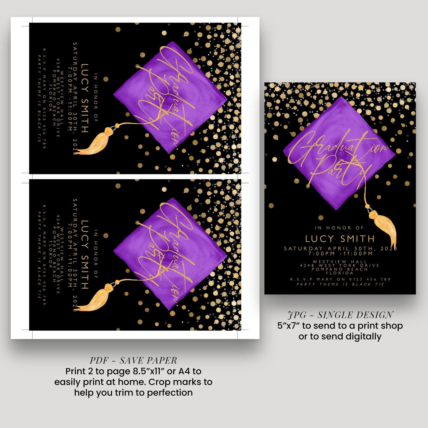 three different designs for a graduation party invitation. The designs feature a purple square with a gold tassel and a purple square with a gold tassel, both set against a black background with gold dots. The designs are intended to be printed on paper or digital formats, such as a save-paper or a digital print, to send to guests for the graduation party.