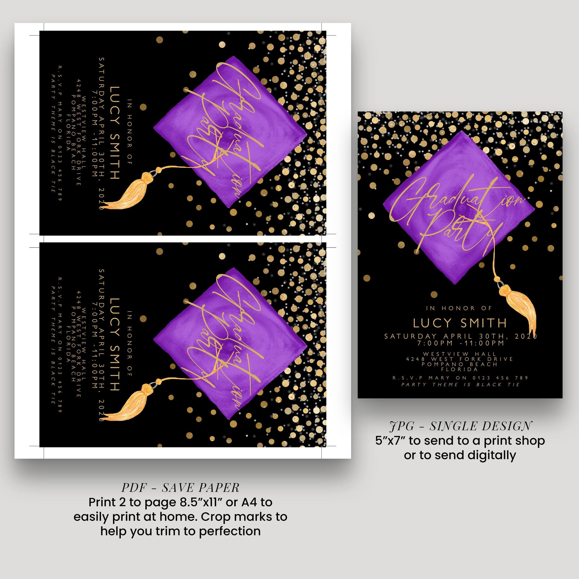 three different designs for a graduation party invitation. The designs feature a purple square with a gold tassel and a purple square with a gold tassel, both set against a black background with gold dots. The designs are intended to be printed on paper or digital formats, such as a save-paper or a digital print, to send to guests for the graduation party.