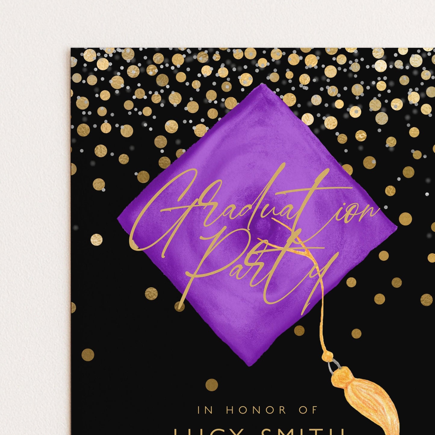The image is a graduation party invitation with a purple graduation cap and gold confetti.