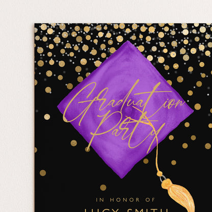 The image is a graduation party invitation with a purple graduation cap and gold confetti.