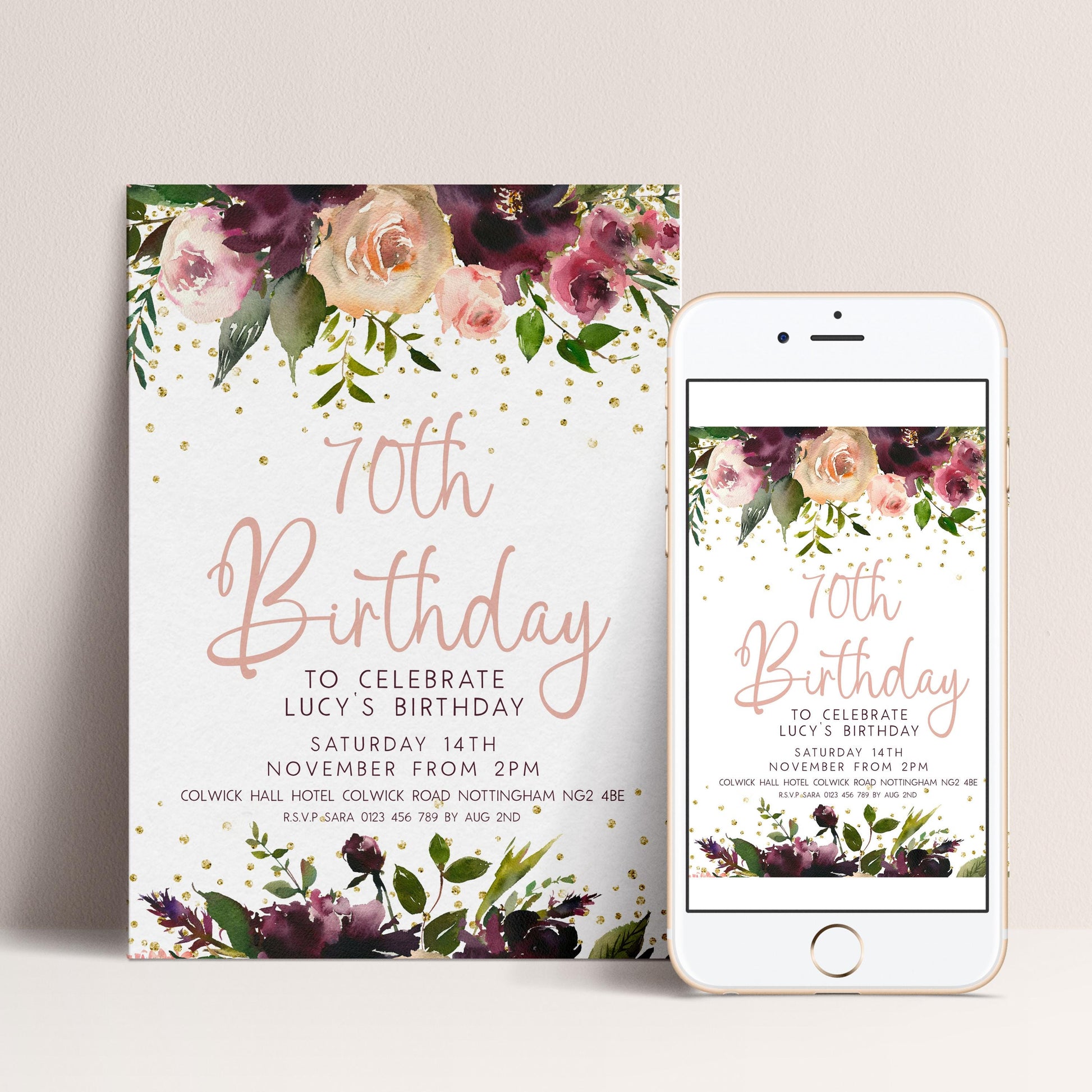 A 70th birthday invitation for Lucy's birthday celebration, featuring a floral design with pink and purple flowers and gold glitter accents.