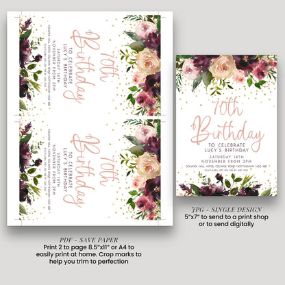 two different designs for a birthday party invitation. The first design is a larger print that includes text and a floral border, while the second design is a smaller print that also includes text and a floral border. The larger print is intended to be printed on paper, while the smaller print is intended to be sent digitally.