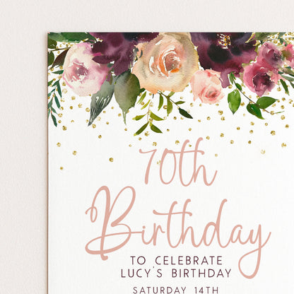 The image is a birthday invitation for a 70th birthday celebration for a person named Lucy.