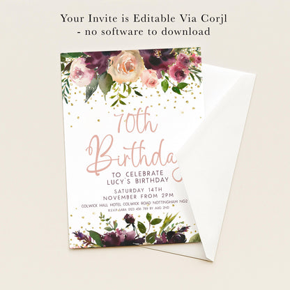 The image is a birthday invitation for Lucy's 70th birthday celebration.