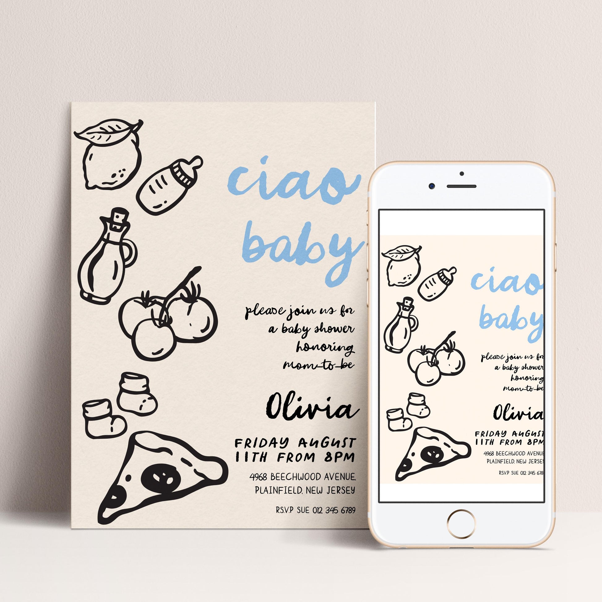 The image is a baby shower invitation featuring a playful and whimsical design with various baby-related items such as bottles, a baby bottle, and a slice of pizza.