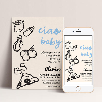 The image is a baby shower invitation featuring a playful and whimsical design with various baby-related items such as bottles, a baby bottle, and a slice of pizza.