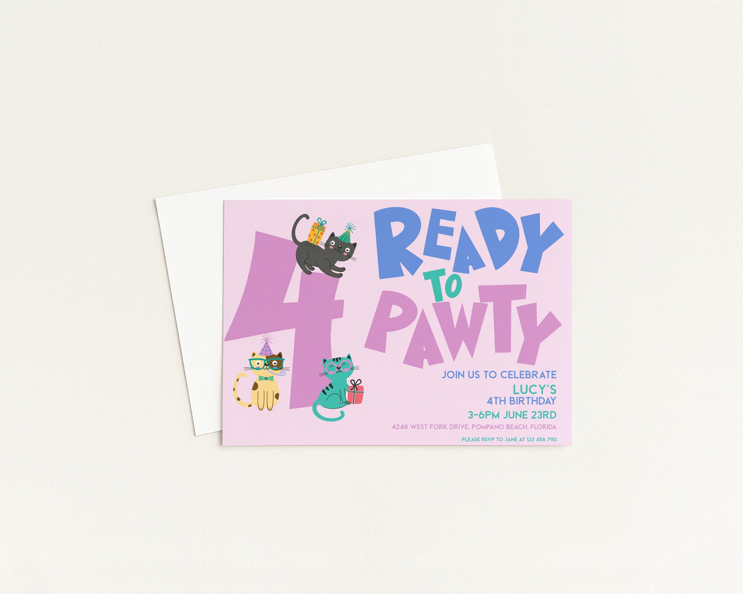 The image is a birthday invitation for a 4th birthday party, featuring colorful illustrations of cats and the text "Ready to party" along with details about the celebration.