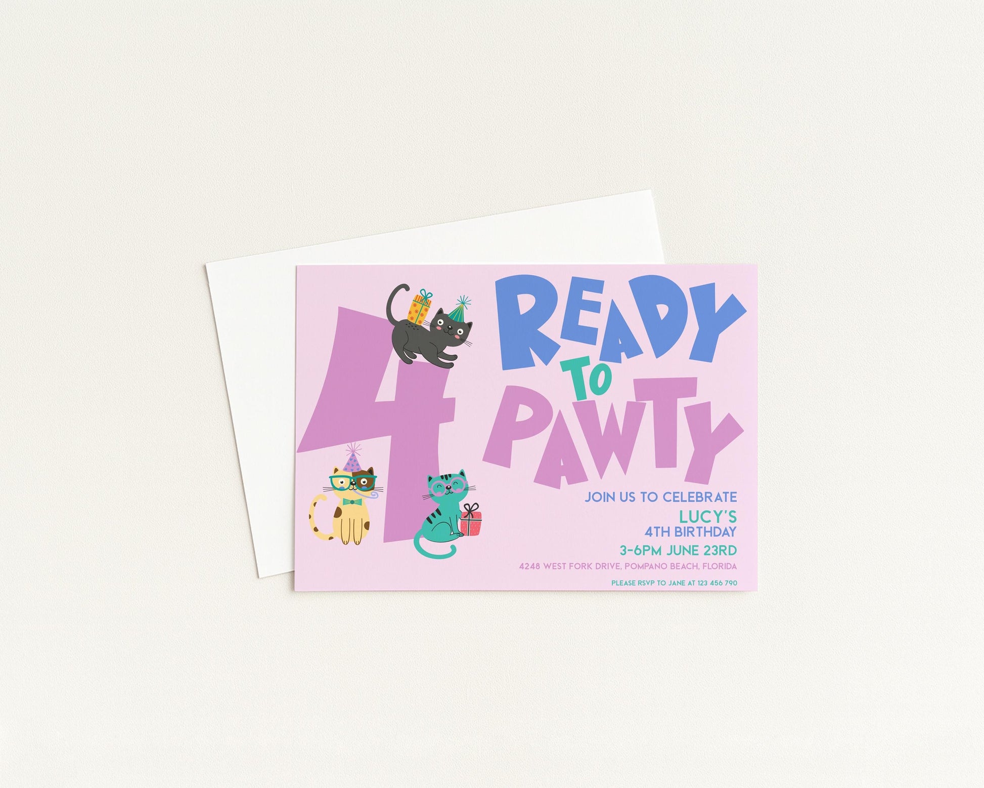 The image is a birthday invitation for a 4th birthday party, featuring colorful illustrations of cats and the text "Ready to party" along with details about the celebration.