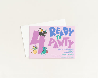The image is a birthday invitation for a 4th birthday party, featuring colorful illustrations of cats and the text "Ready to party" along with details about the celebration.