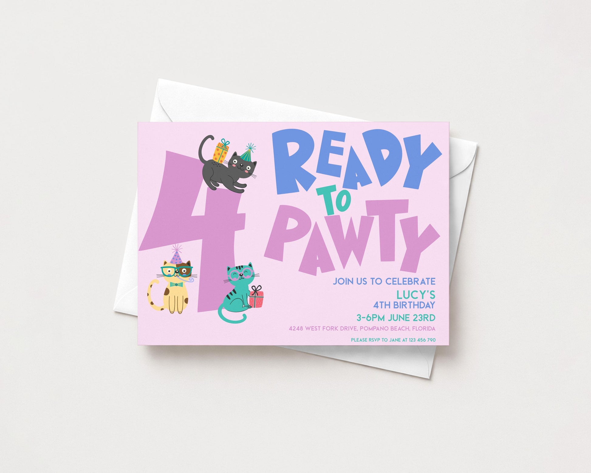 The image is a birthday invitation for a cat-themed party, featuring illustrations of cats and the number 4.