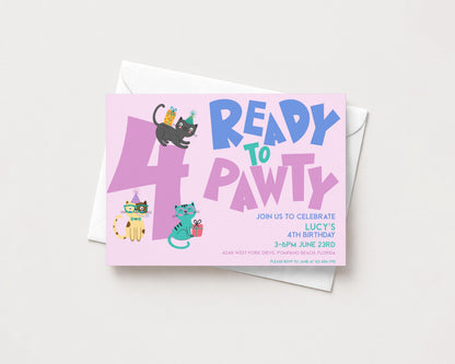 The image is a birthday invitation for a cat-themed party, featuring illustrations of cats and the number 4.