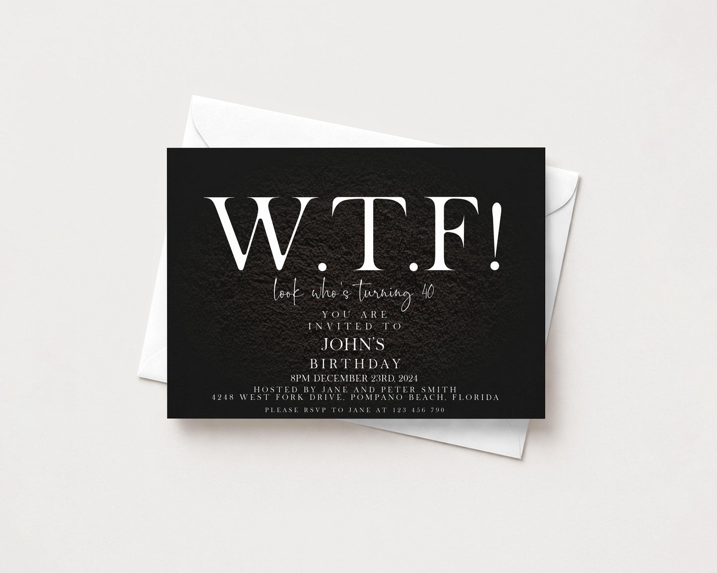 The image is a birthday invitation for John, inviting guests to his birthday party on December 23, 2023, at Hosted by Jane and Peter Smith, located at 2248 West Jetty Road, Fort Myers, Florida. The invitation is black and white and features the text "WTF! Look who's turning 4! You are invited to John's Birthday party" in a bold, white font.