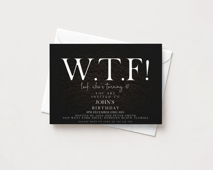 The image is a birthday invitation for John, inviting guests to his birthday party on December 23, 2023, at Hosted by Jane and Peter Smith, located at 2248 West Jetty Road, Fort Myers, Florida. The invitation is black and white and features the text "WTF! Look who's turning 4! You are invited to John's Birthday party" in a bold, white font.