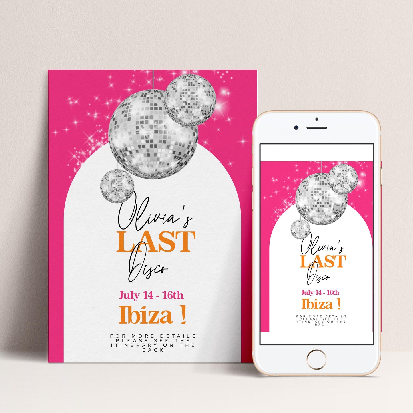 The image is a pink invitation card for an event called "Olivia's LAST disco" on July 14-16th in Ibiza.