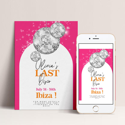The image is a pink invitation card for an event called "Olivia's LAST disco" on July 14-16th in Ibiza.