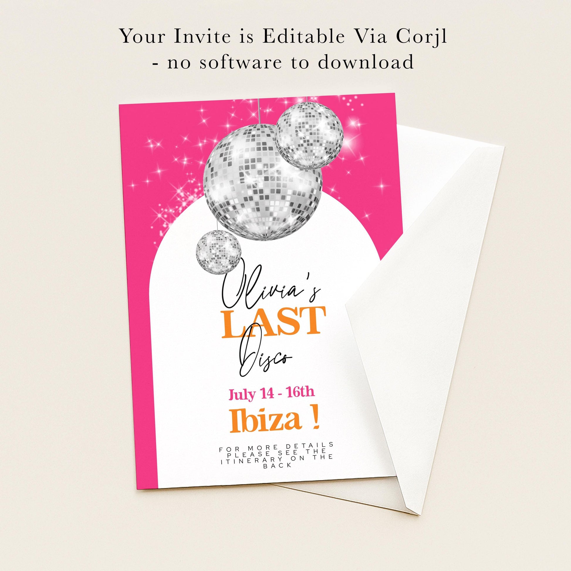 The image is a pink invitation card with a disco ball design and text inviting guests to a party.
