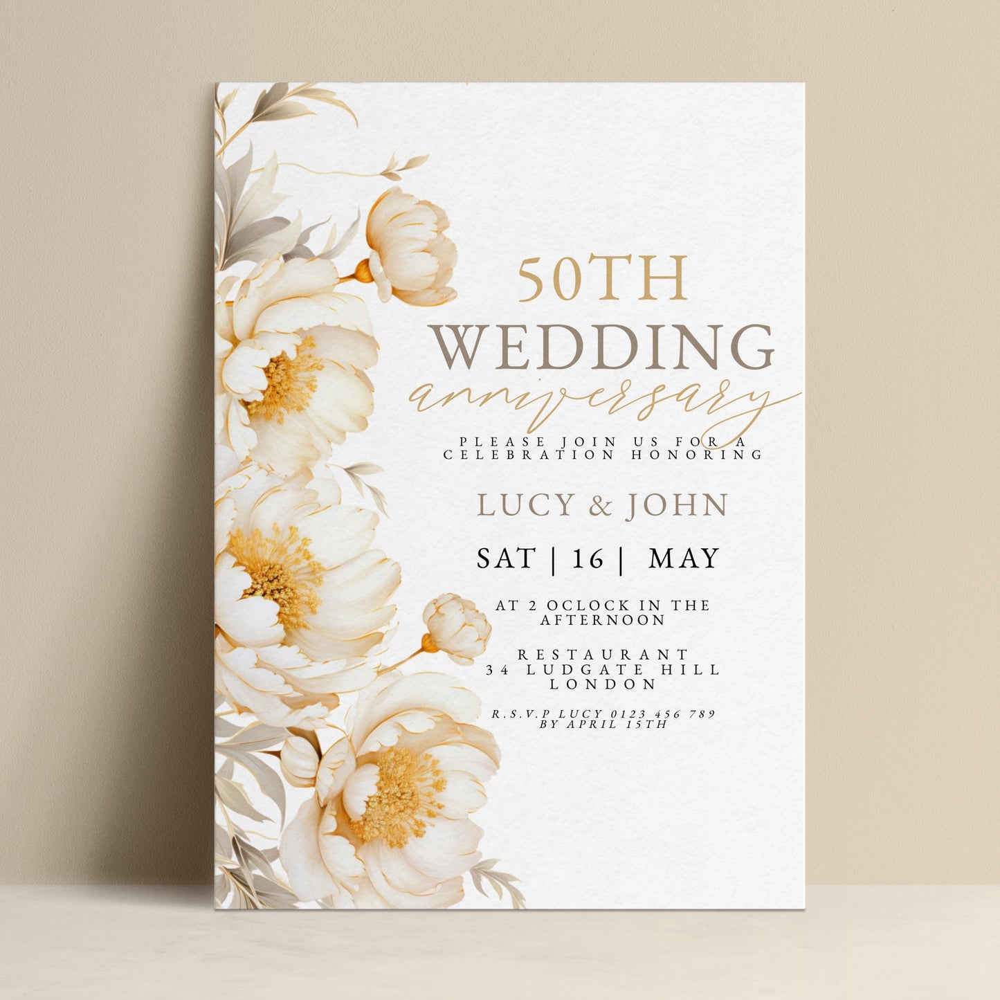 The image is a wedding anniversary invitation featuring a floral design with white and gold flowers.