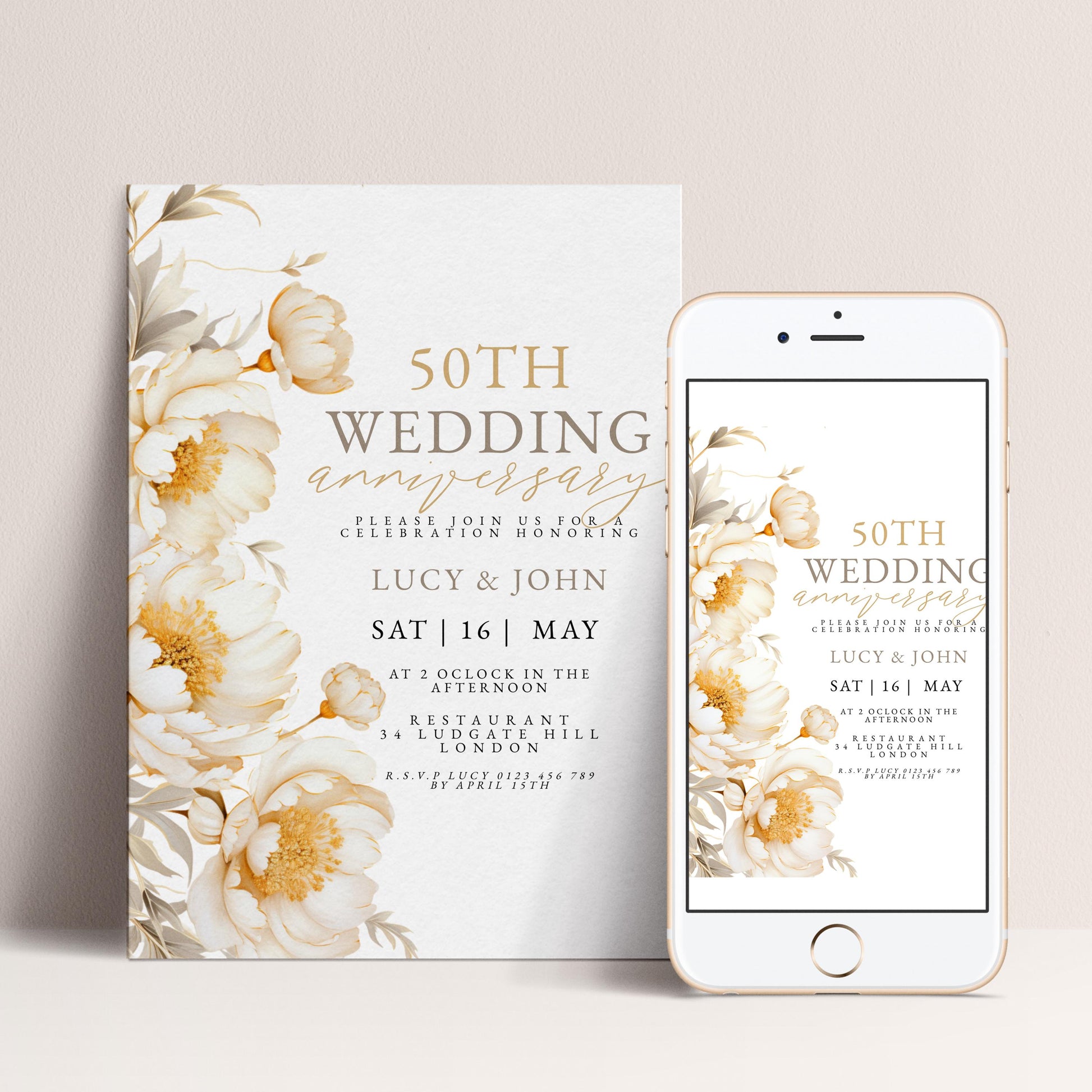 a 50th wedding anniversary invitation for Lucy and John, with a white background and a floral design. The invitation includes details about the event, such as the date, time, location, and RSVP information.
