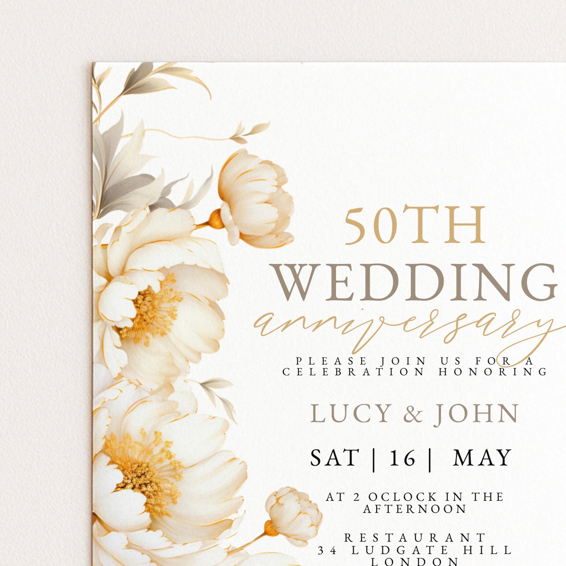 The image is a wedding anniversary invitation featuring a floral design with white and yellow flowers.