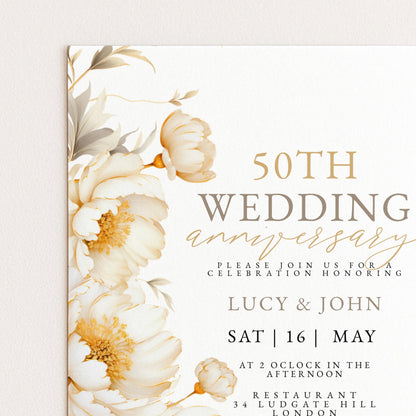The image is a wedding anniversary invitation featuring a floral design with white and yellow flowers.