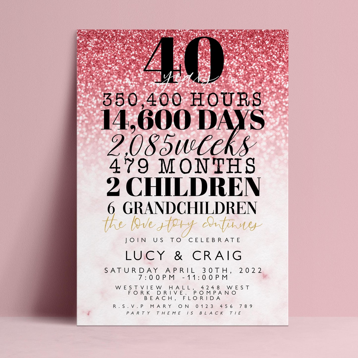 The image is a pink and white invitation card for a 40th birthday celebration.