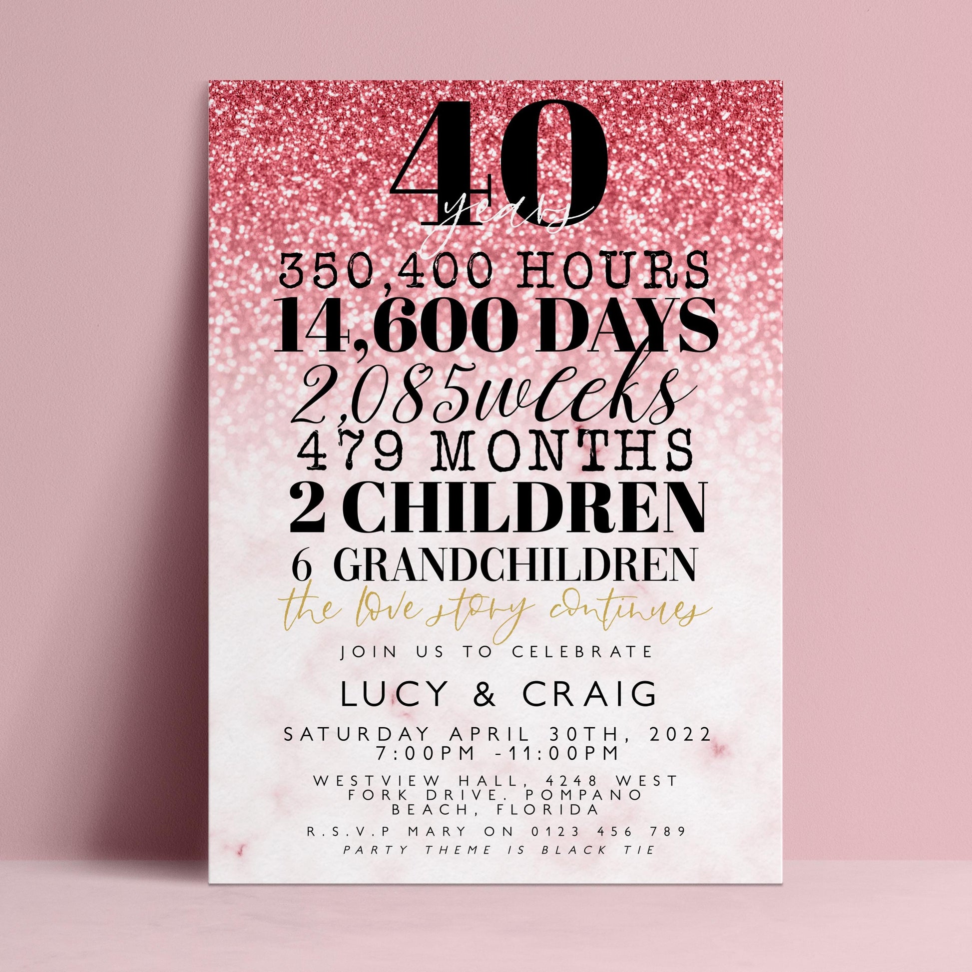 The image is a pink and white invitation card for a 40th birthday celebration.