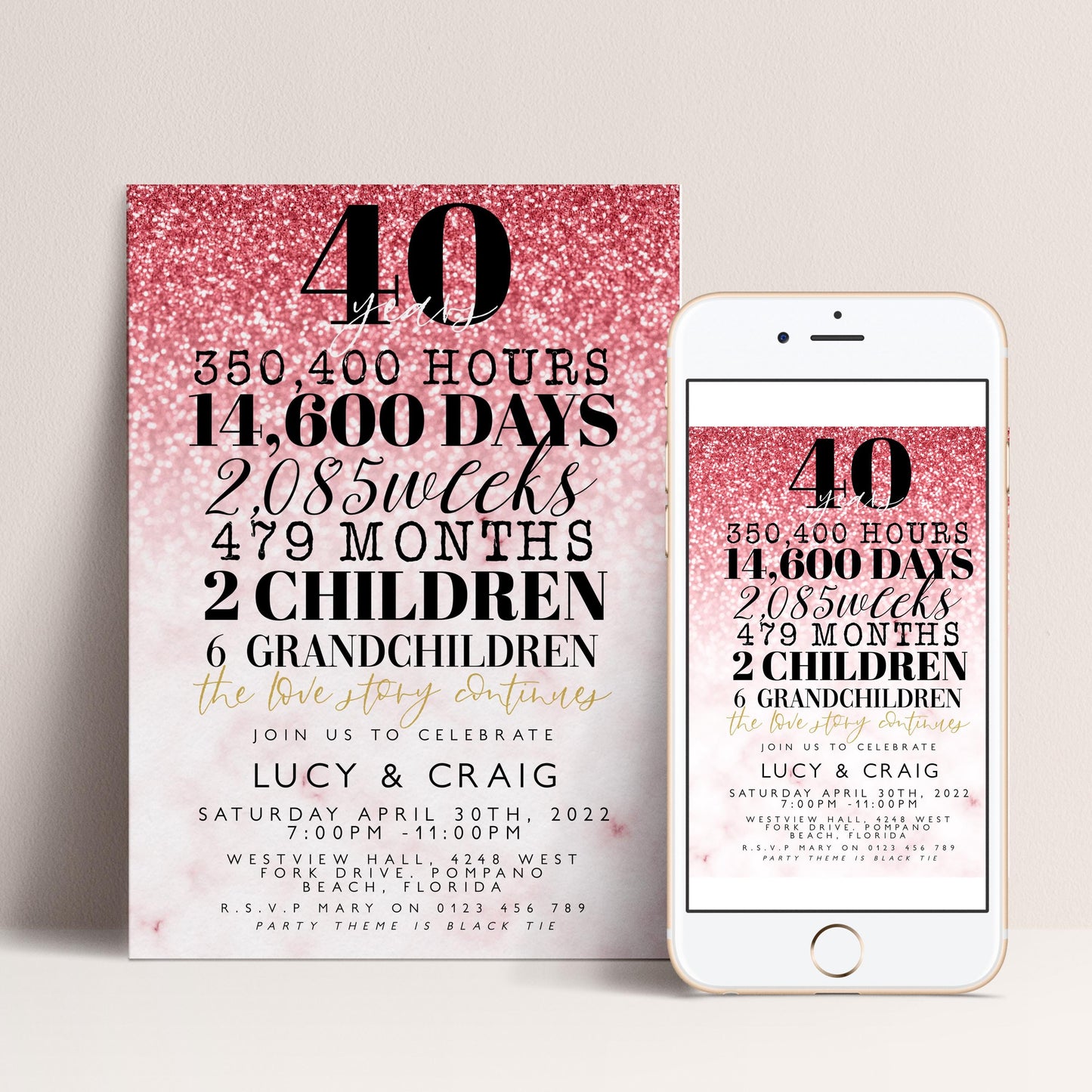 The image is a pink and white invitation card for a 40th birthday celebration, featuring a glittery background and text detailing the event details.