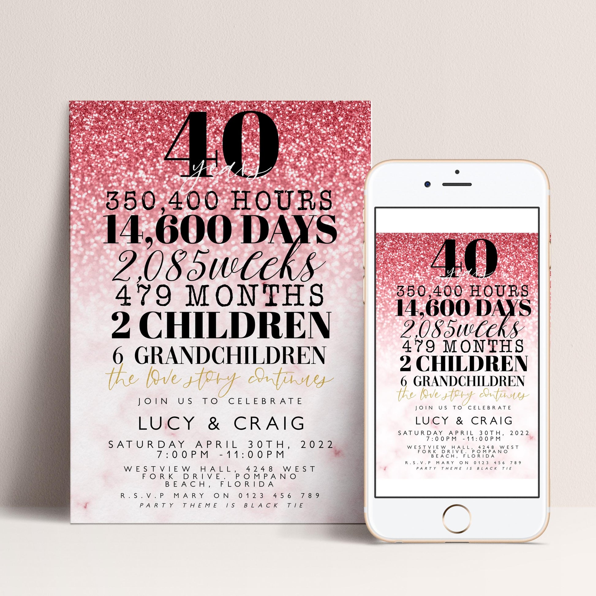 The image is a pink and white invitation card for a 40th birthday celebration, featuring a glittery background and text detailing the event details.