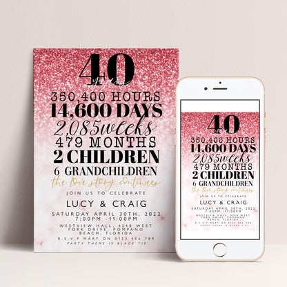 The image is a pink and white invitation card for a 40th birthday celebration, featuring a glittery background and text detailing the event details.