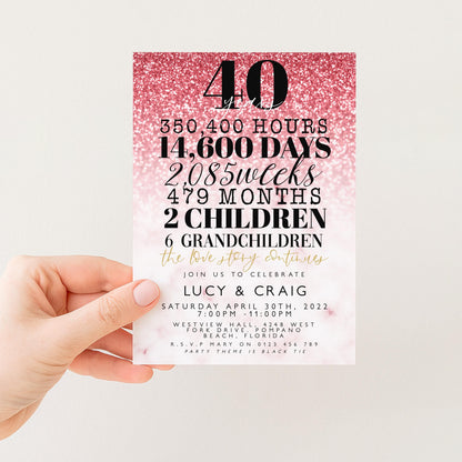 The image is a pink and white invitation card for a 40th birthday celebration.