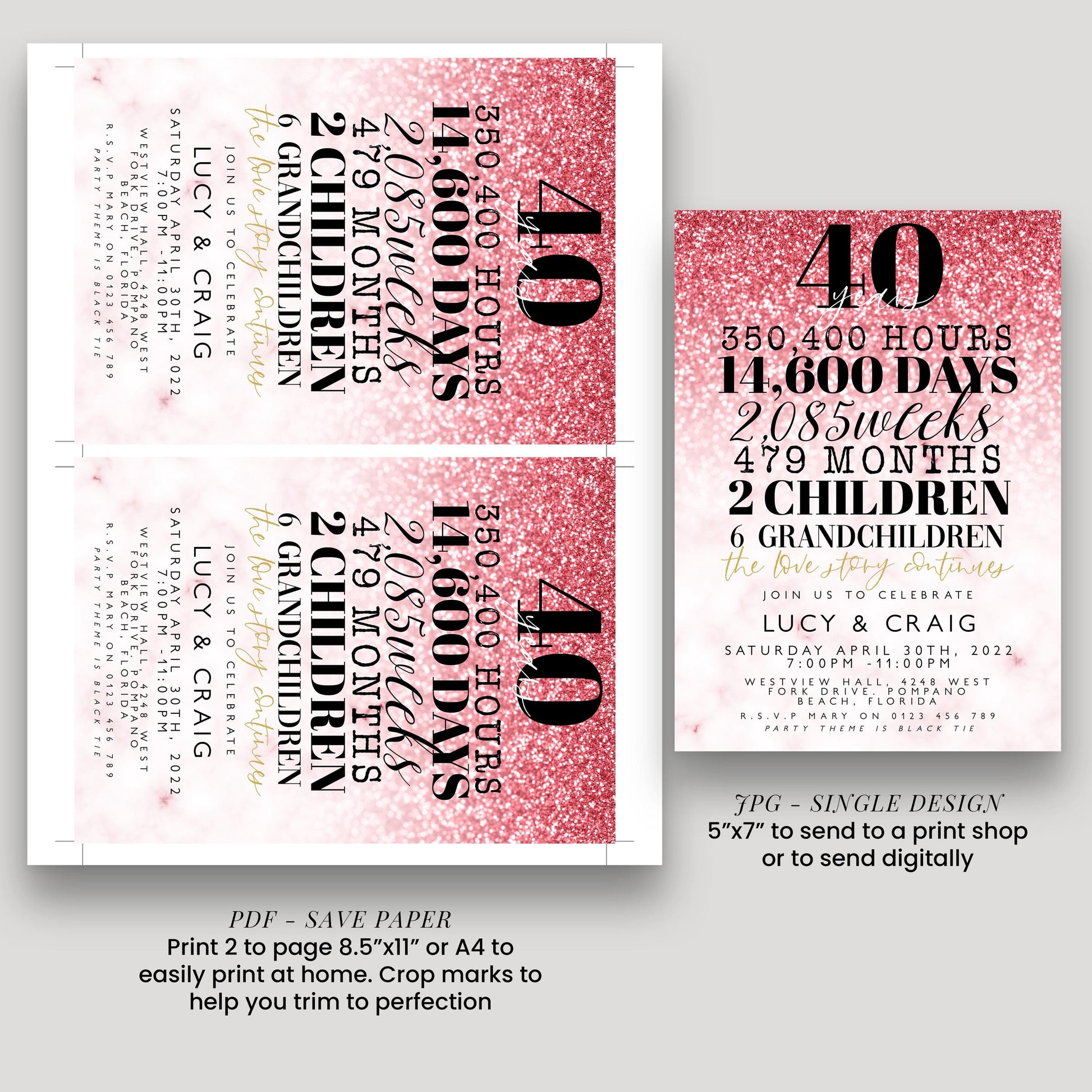 a pink glitter design with black text, and it appears to be a flyer or invitation for a celebration.