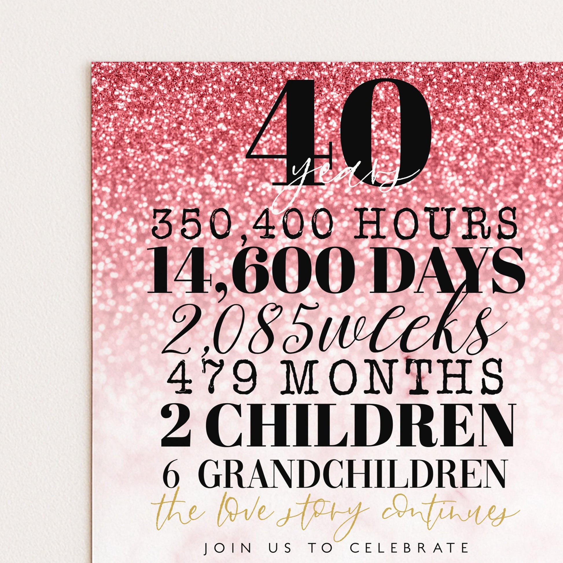 The image is a poster celebrating a 40th birthday, with glittery pink and red background. It features a large number "40" and provides details about the celebration, including the number of hours, days, weeks, months, and children. The text invites viewers to join the celebration and mentions the love story continues.
