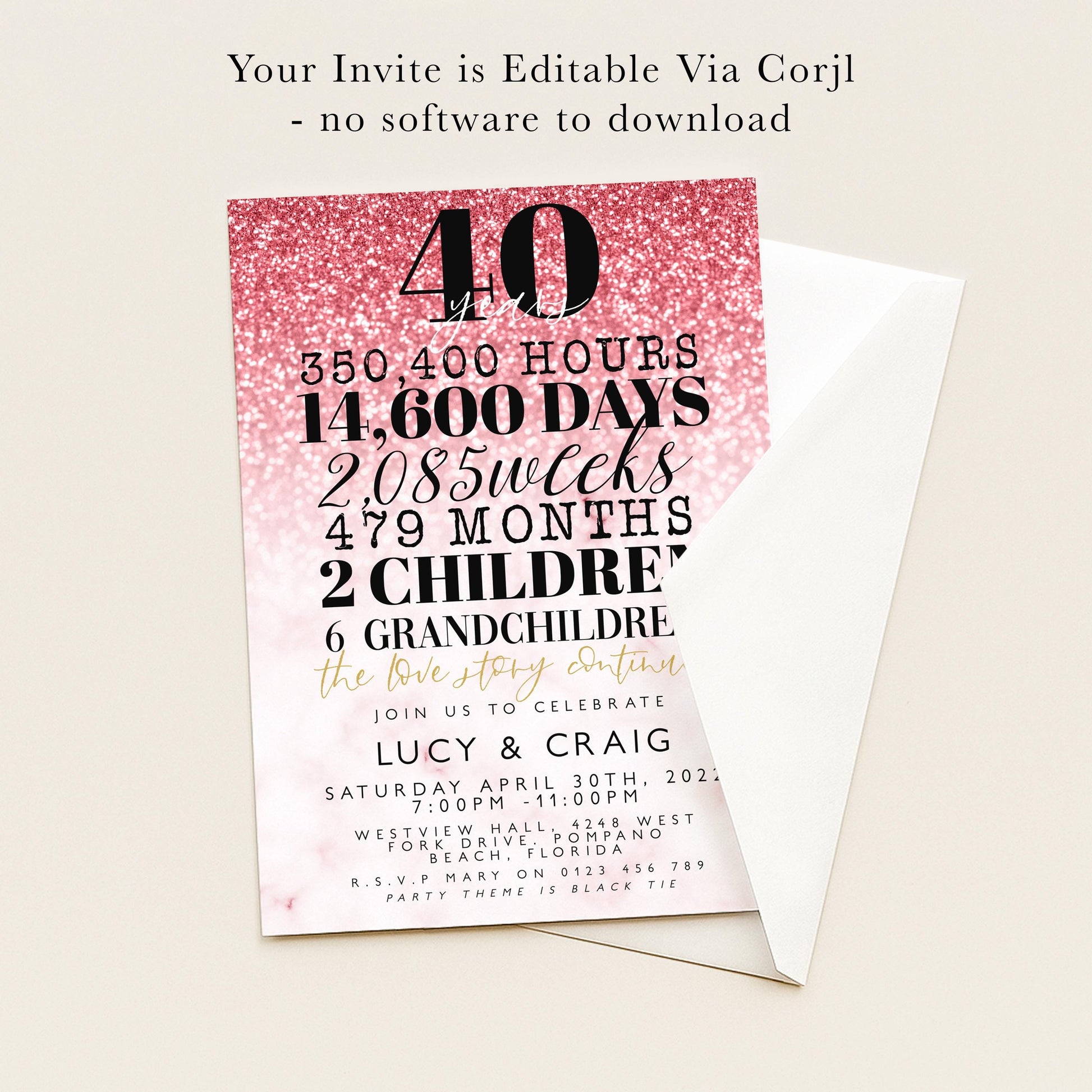 The image is a pink glitter-covered invitation card for a 40th birthday celebration.