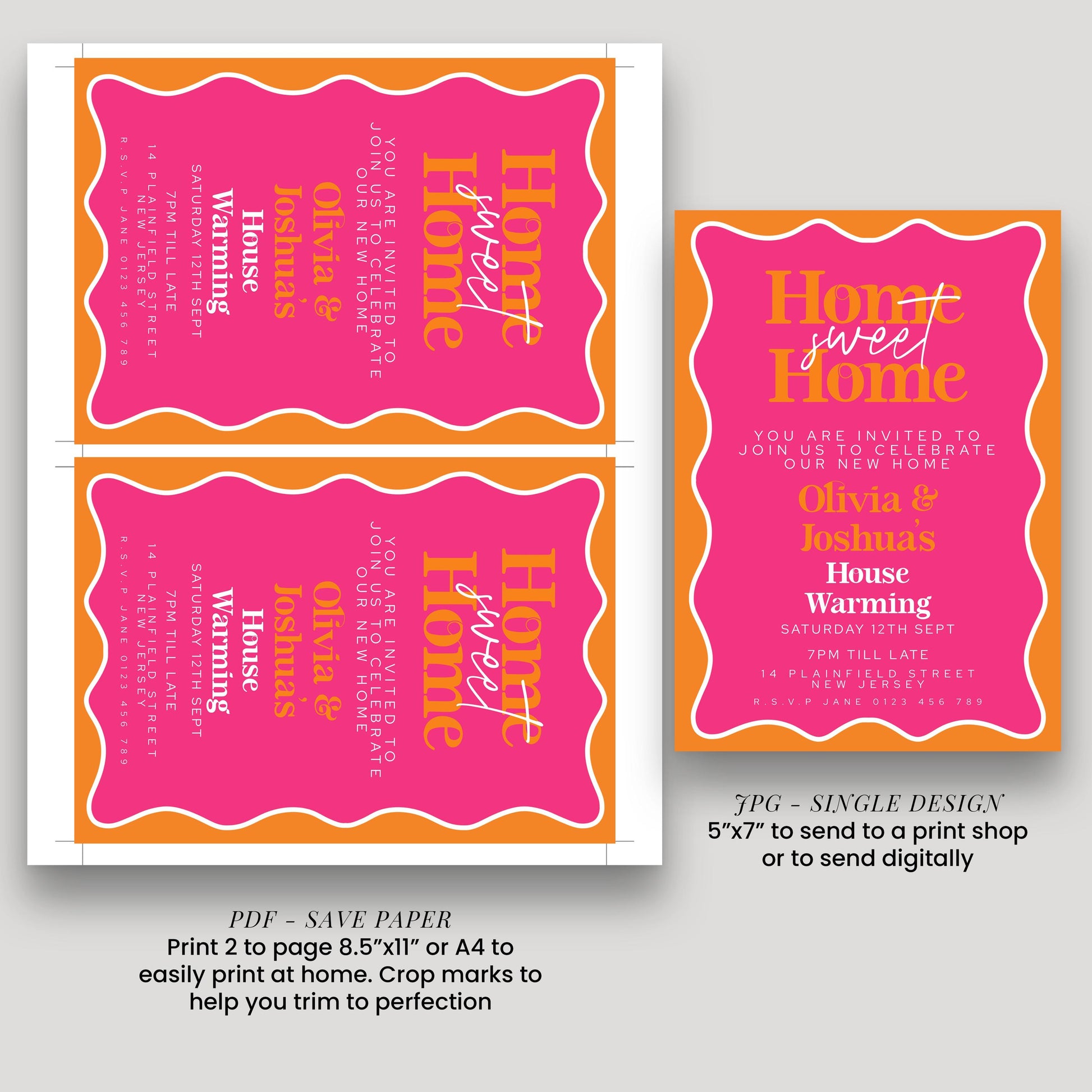 a pink invitation card with text inviting guests to a housewarming party. The card is divided into two sections, with the left side featuring a pink background and the right side having a white background. The text on the invitation card is in a combination of pink and white colors, and it includes details about the event, such as the date, time, and location.