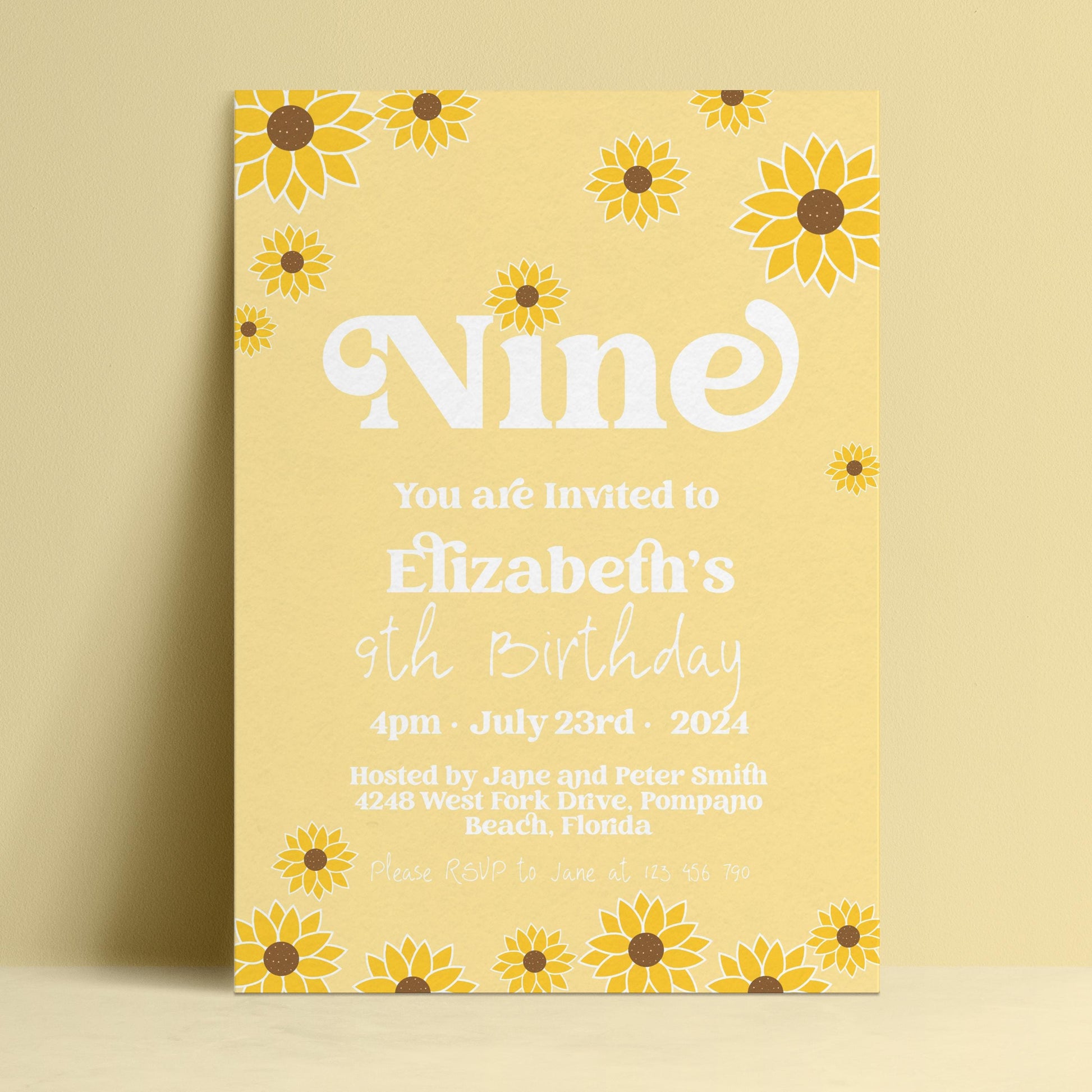 The image is a yellow birthday invitation card for Elizabeth's 9th birthday.