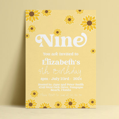 The image is a yellow birthday invitation card for Elizabeth's 9th birthday.