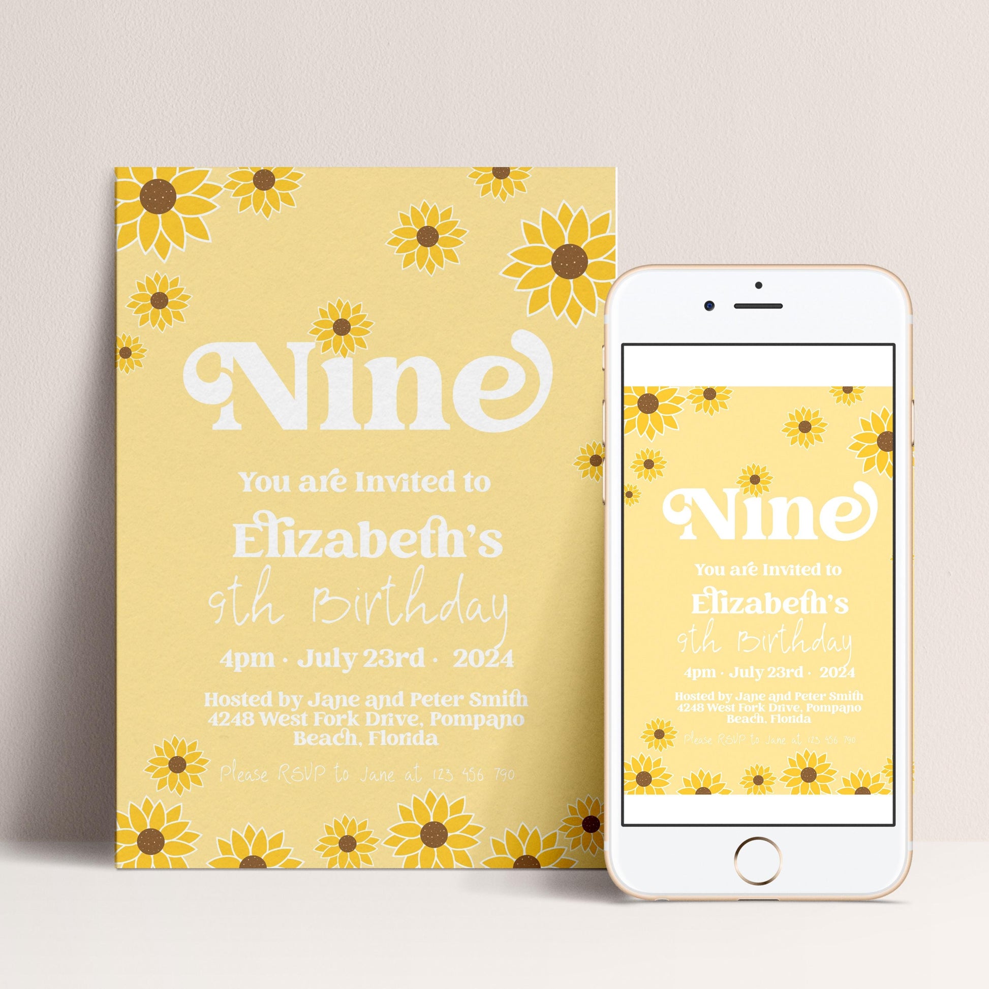a yellow invitation card with a yellow floral design and text inviting guests to a 9th birthday celebration. The card is placed next to a smartphone displaying a similar invitation design.