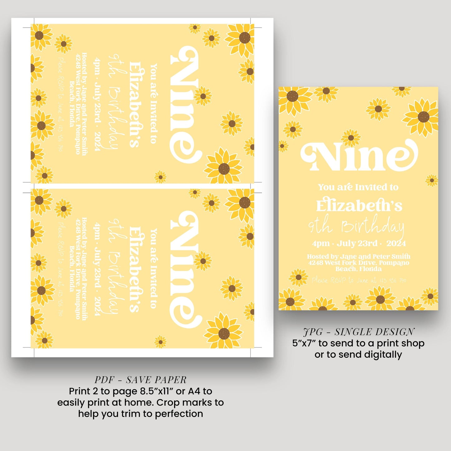 The image is a birthday invitation for Elizabeth's 9th birthday, featuring a yellow floral design and text inviting guests to the party.