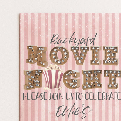 The image is a pink and white striped poster advertising a backyard movie night. It features the words "Backyard Movie Night" in a decorative font, with a popcorn bucket and a "Please join us to celebrate" invitation below.