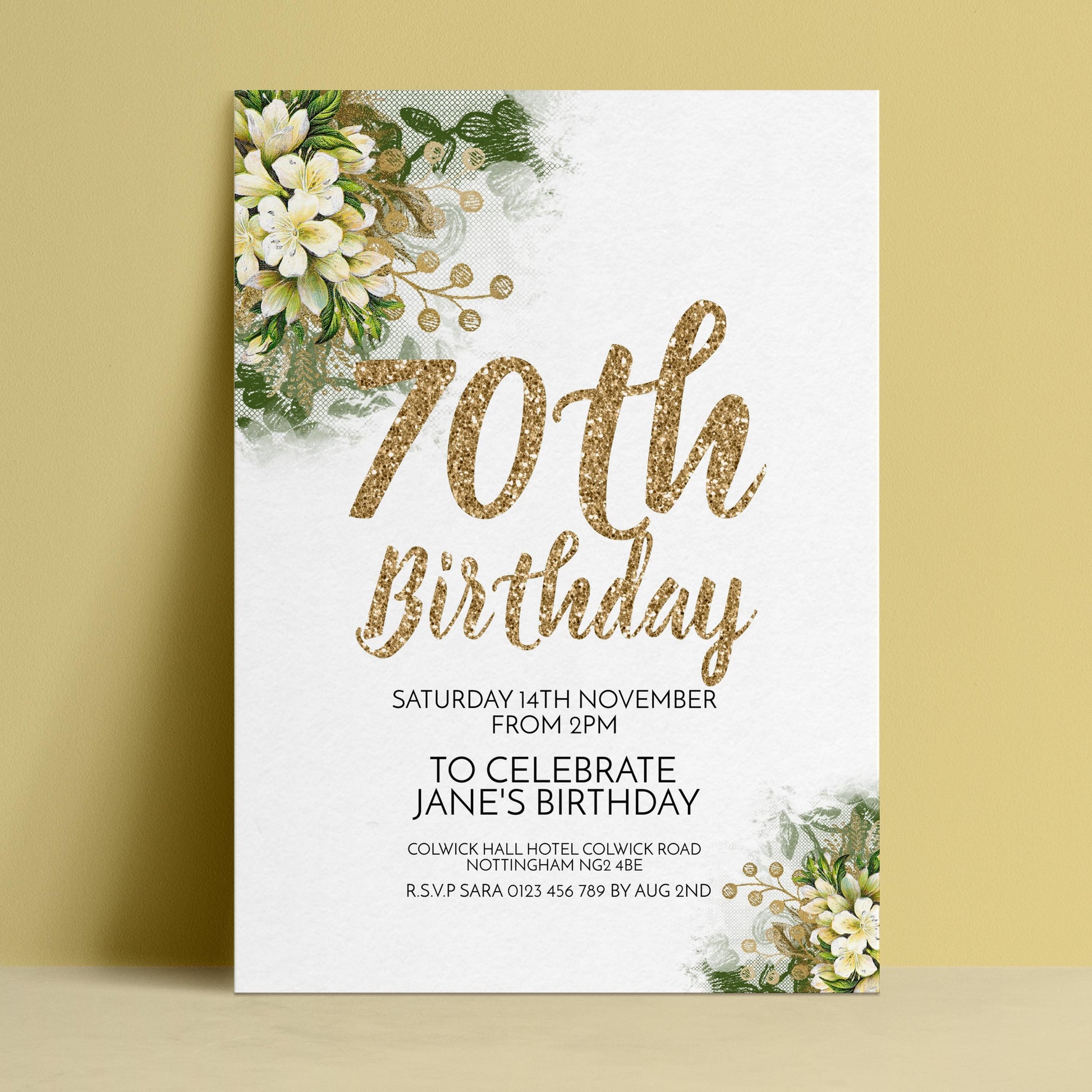 The image is a birthday invitation for Jane's 70th birthday celebration.